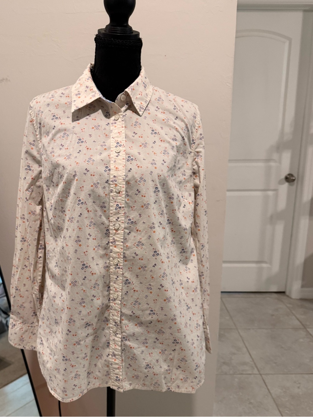 Talbots Men's Cream Button-Down Shirt with Small Multicolor Floral Print